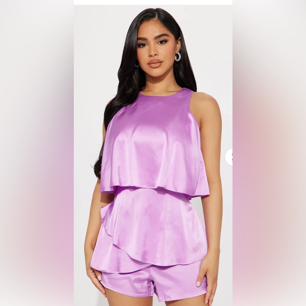 NWT Fashion Nova Lilac satin romper. High Neck, Fabric Overlay. 💜💜💜